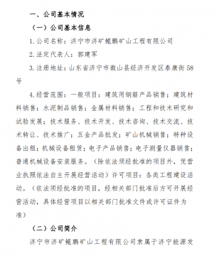 济宁市济矿鲲鹏矿山工程有限公司 2021 年一季度主要财务信息公告